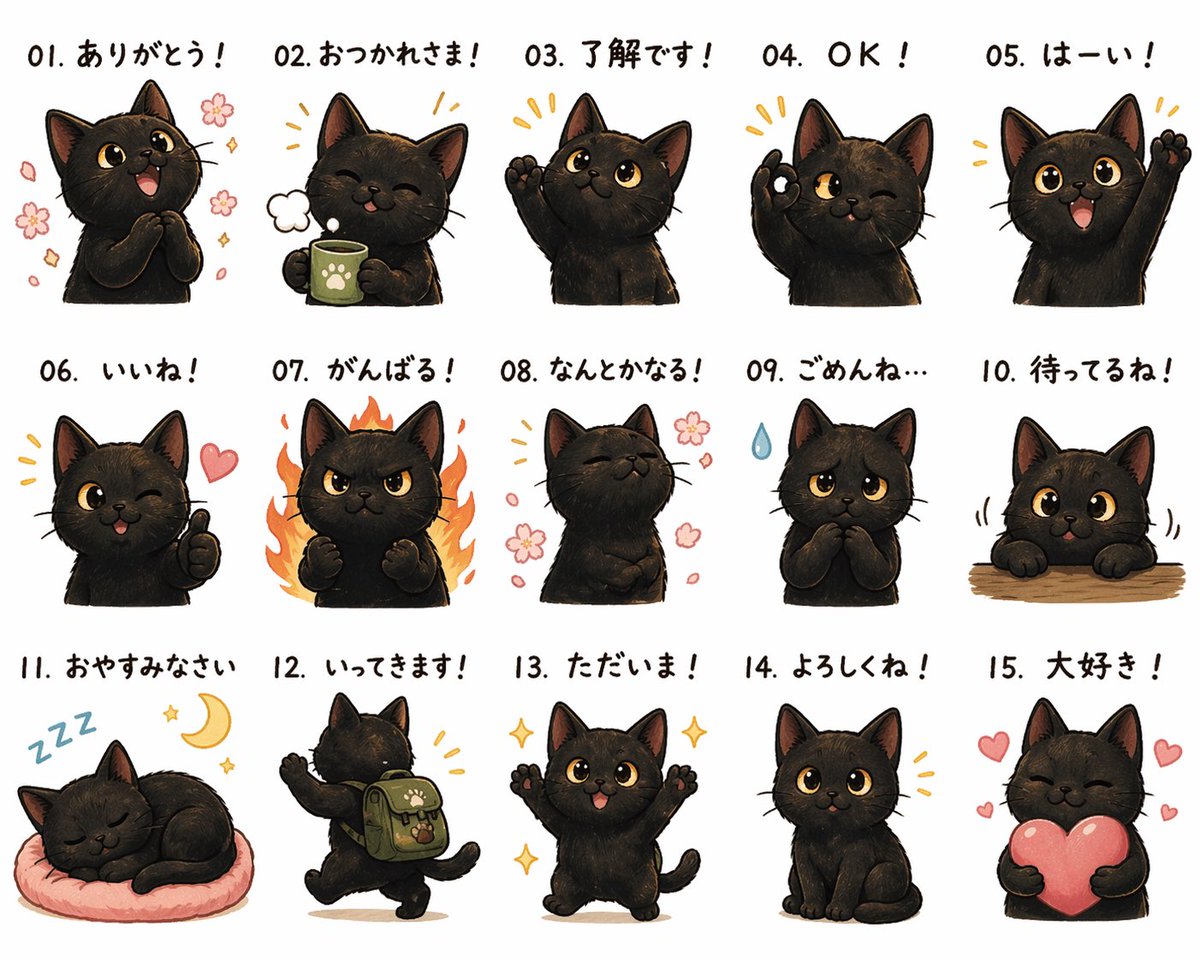 Cute Black Cat Japanese Sticker Sheet preview image 1