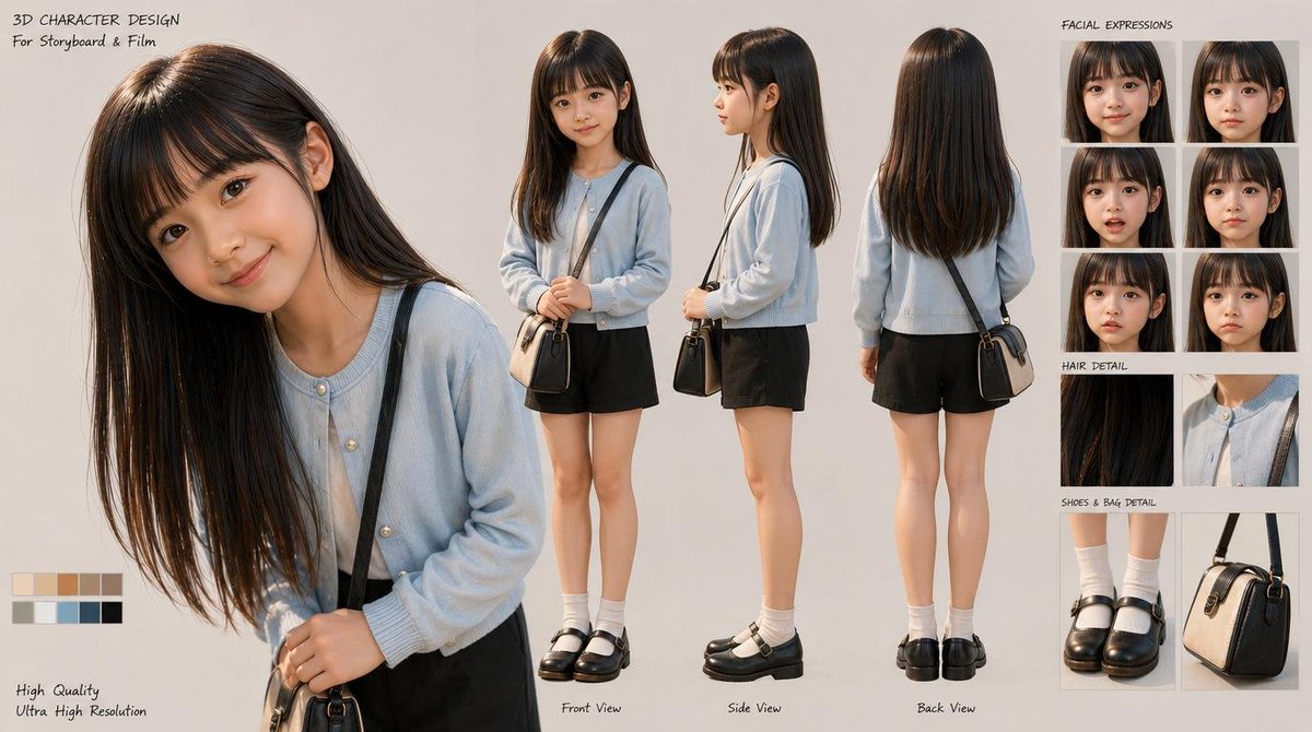 3D Schoolgirl Character Design Sheet preview image 1