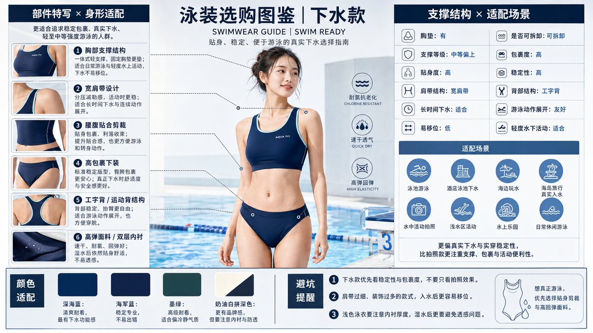 提示词：
生成一张 16:9 横版 的高信息量「泳装选购图鉴｜下水款」海报。
整体风格为 高端泳装品 preview image 4