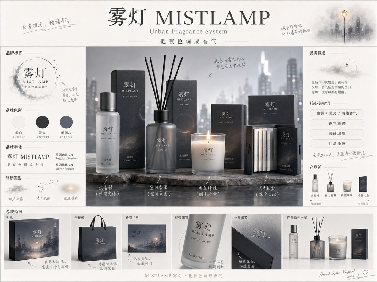 《品牌概念提案板》提示词：

请生成一张【画幅比例】的高完成度「品牌全案概念提案板 / Brand preview image 2