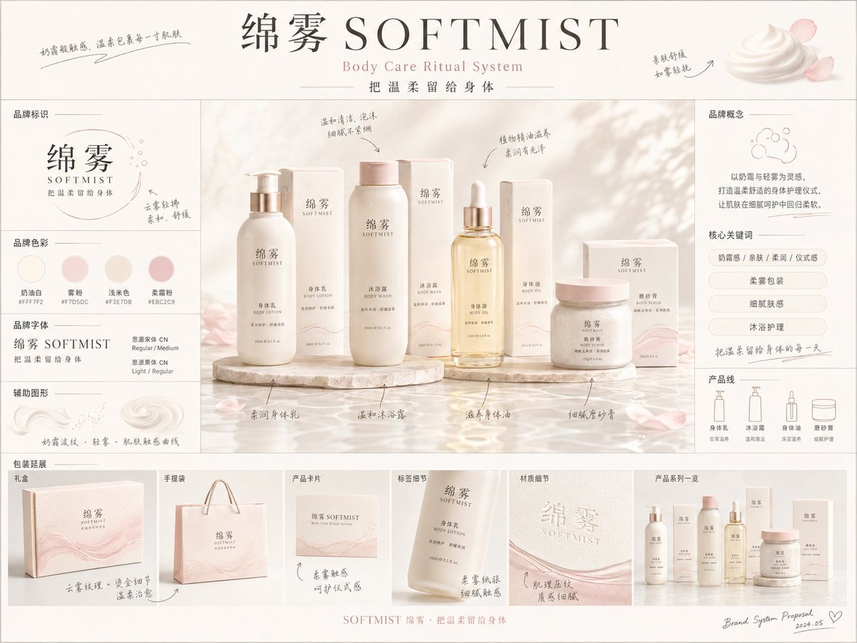 《品牌概念提案板》提示词：

请生成一张【画幅比例】的高完成度「品牌全案概念提案板 / Brand preview image 3
