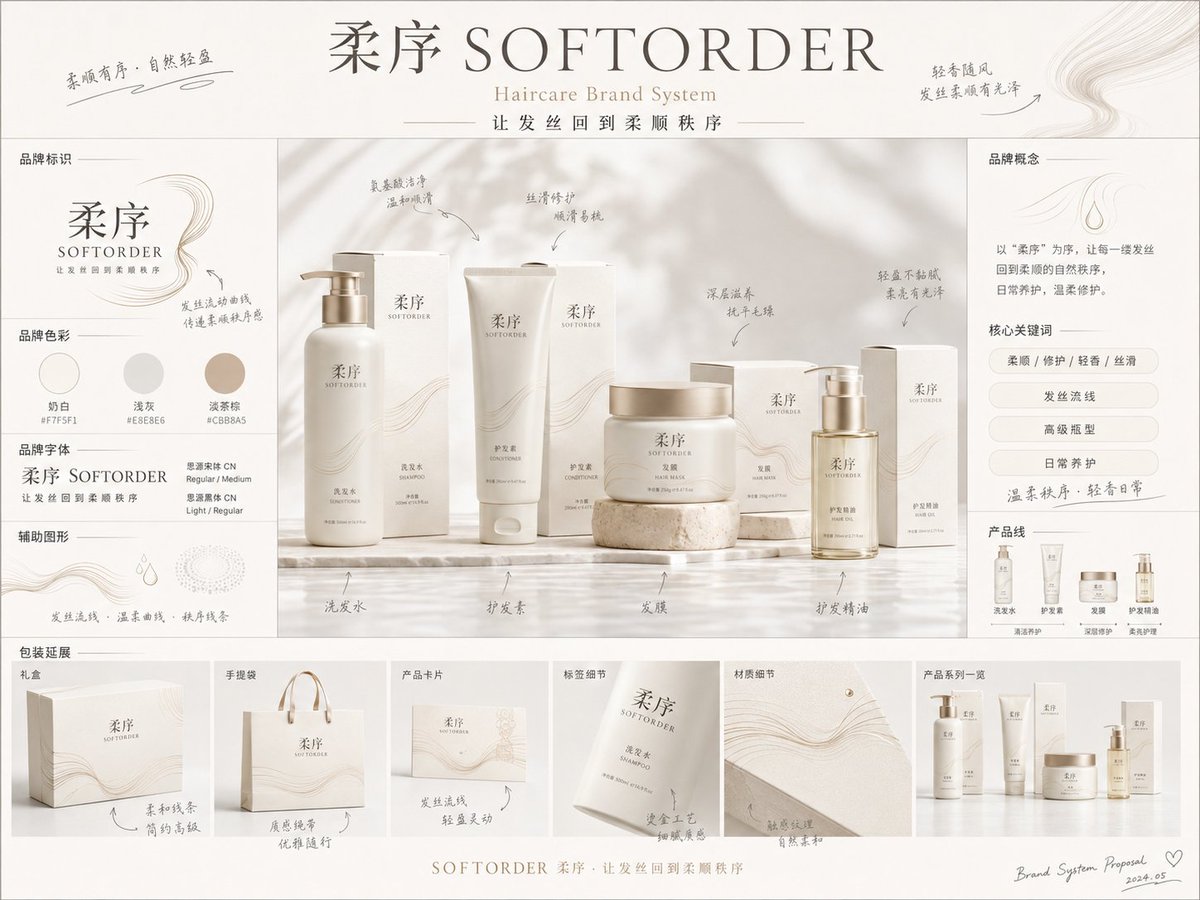 《品牌概念提案板》提示词：

请生成一张【画幅比例】的高完成度「品牌全案概念提案板 / Brand preview image 4