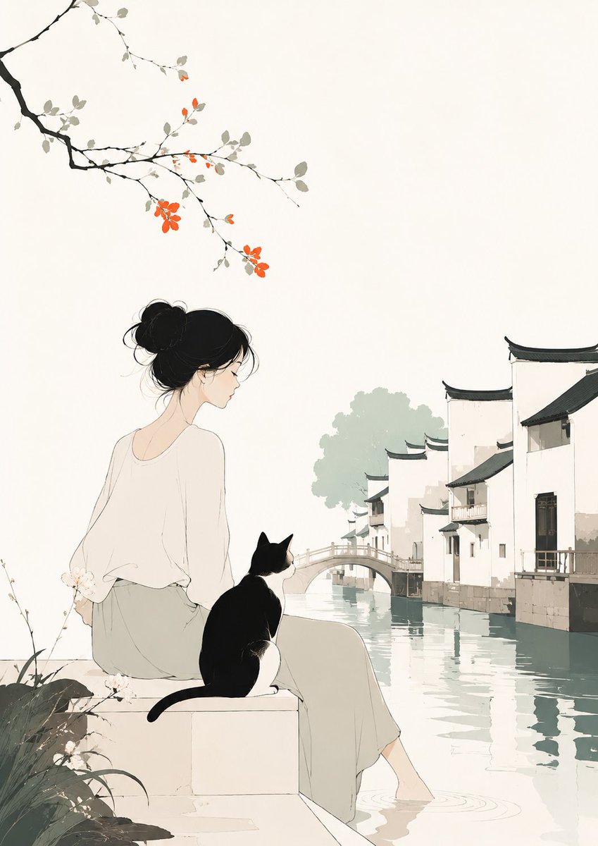 女孩和猫的极简插图 preview image 1