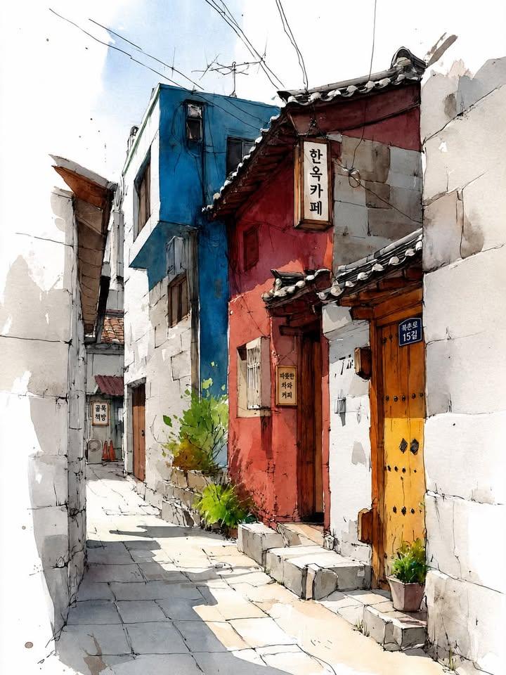 Watercolor Korean Hanok Village Sketch preview image 1