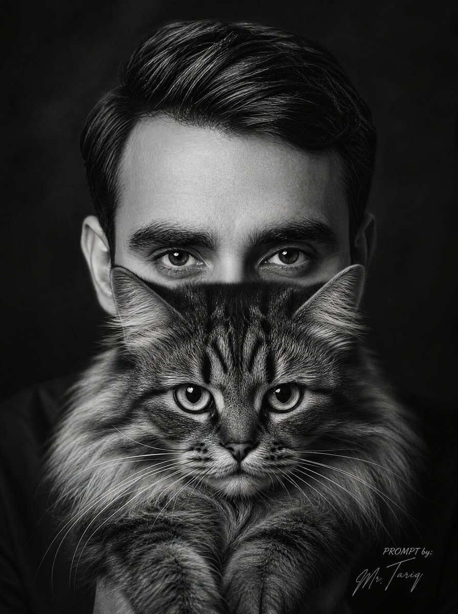 单色男子抱着猫肖像 preview image 1