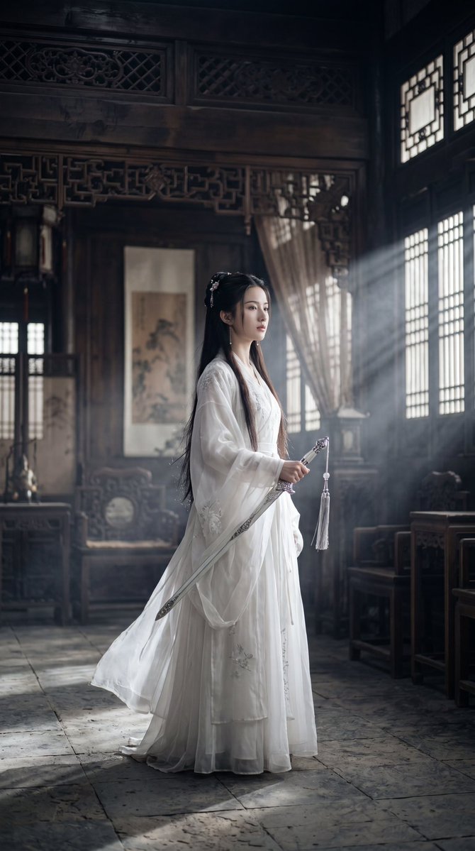 Cinematic Wuxia Swordswoman in Candlelit Chamber preview image 3