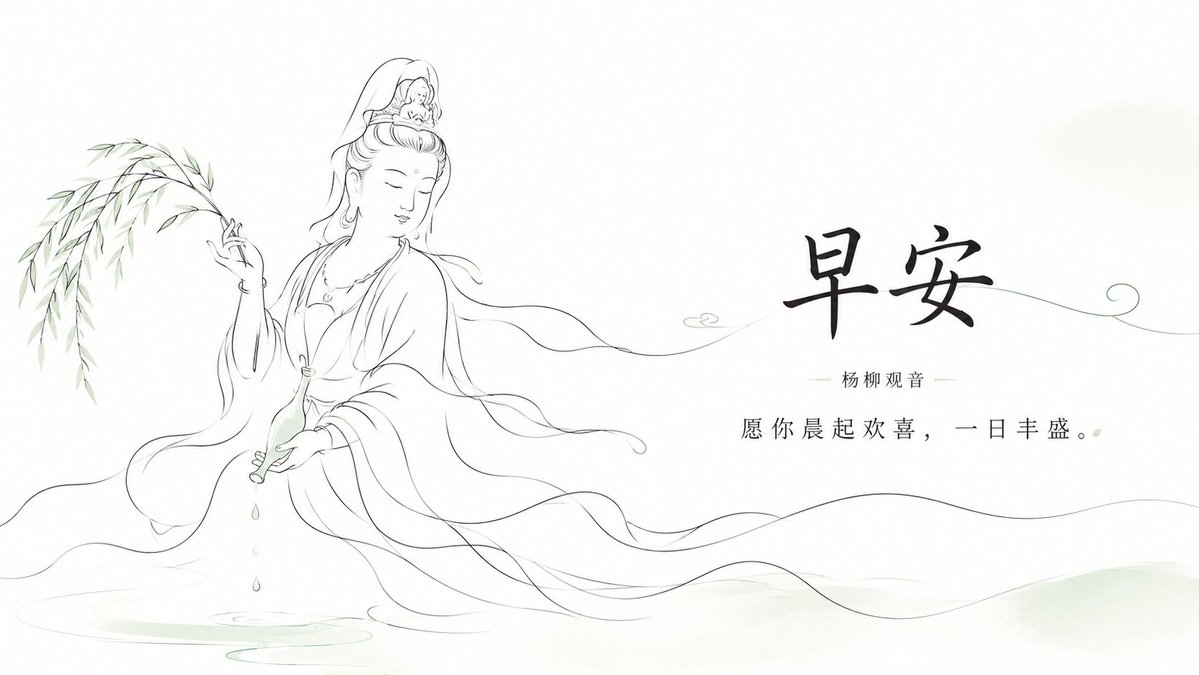 View full prompt & copyCreate a serene horizontal Chinese Buddhist good-morning greeting illustration in elegant hand-drawn line art. Use a wide 16:9 white canvas with lots of negative space and very pale green ink-wash accents. On the left third, draw exactly 1 graceful Yangliu Guanyin figure seated or floating above faint water ripples, shown in thin black flowing contour lines with soft, drifting robes and ribbons. She has closed eyes, a peaceful face, an ornate high hair bun and veil, and holds exactly 1 slender willow branch in her raised left hand and exactly 1 small pale-green vase tilted downward in her other hand, with exactly 3 visible water drops falling into the water below. Add delicate bamboo-like willow leaves sweeping in from the far left and long wave-like robe lines extending across the lower half of the image toward the right. On the right half, place exactly 3 centered text elements: a large bold brush-calligraphy headline reading 早安, a small subtitle beneath it reading 杨柳观音 with thin horizontal divider lines on both sides, and a refined smaller blessing line reading 愿 你 晨 起 欢 喜, 一 日 丰 盛。. Add a single fine decorative green line curling behind the headline and ending in a small spiral at the far right, plus a tiny simple cloud mark near the center. Overall style: minimalist Zen aesthetics, airy composition, flowing hand-drawn lines, muted ink gray and pale jade green, no borders, no watermark, no extra text.Generate image preview image 2