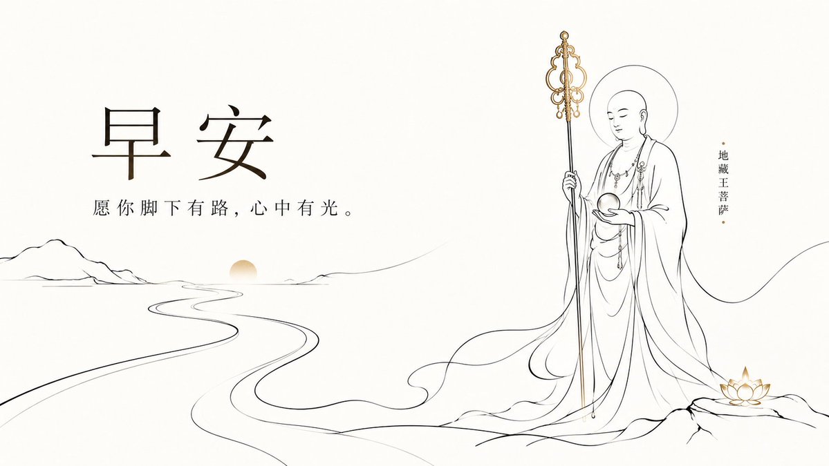 View full prompt & copyCreate a serene horizontal Chinese Buddhist good-morning greeting illustration in elegant hand-drawn line art. Use a wide 16:9 white canvas with lots of negative space and very pale green ink-wash accents. On the left third, draw exactly 1 graceful Yangliu Guanyin figure seated or floating above faint water ripples, shown in thin black flowing contour lines with soft, drifting robes and ribbons. She has closed eyes, a peaceful face, an ornate high hair bun and veil, and holds exactly 1 slender willow branch in her raised left hand and exactly 1 small pale-green vase tilted downward in her other hand, with exactly 3 visible water drops falling into the water below. Add delicate bamboo-like willow leaves sweeping in from the far left and long wave-like robe lines extending across the lower half of the image toward the right. On the right half, place exactly 3 centered text elements: a large bold brush-calligraphy headline reading 早安, a small subtitle beneath it reading 杨柳观音 with thin horizontal divider lines on both sides, and a refined smaller blessing line reading 愿 你 晨 起 欢 喜, 一 日 丰 盛。. Add a single fine decorative green line curling behind the headline and ending in a small spiral at the far right, plus a tiny simple cloud mark near the center. Overall style: minimalist Zen aesthetics, airy composition, flowing hand-drawn lines, muted ink gray and pale jade green, no borders, no watermark, no extra text.Generate image preview image 4
