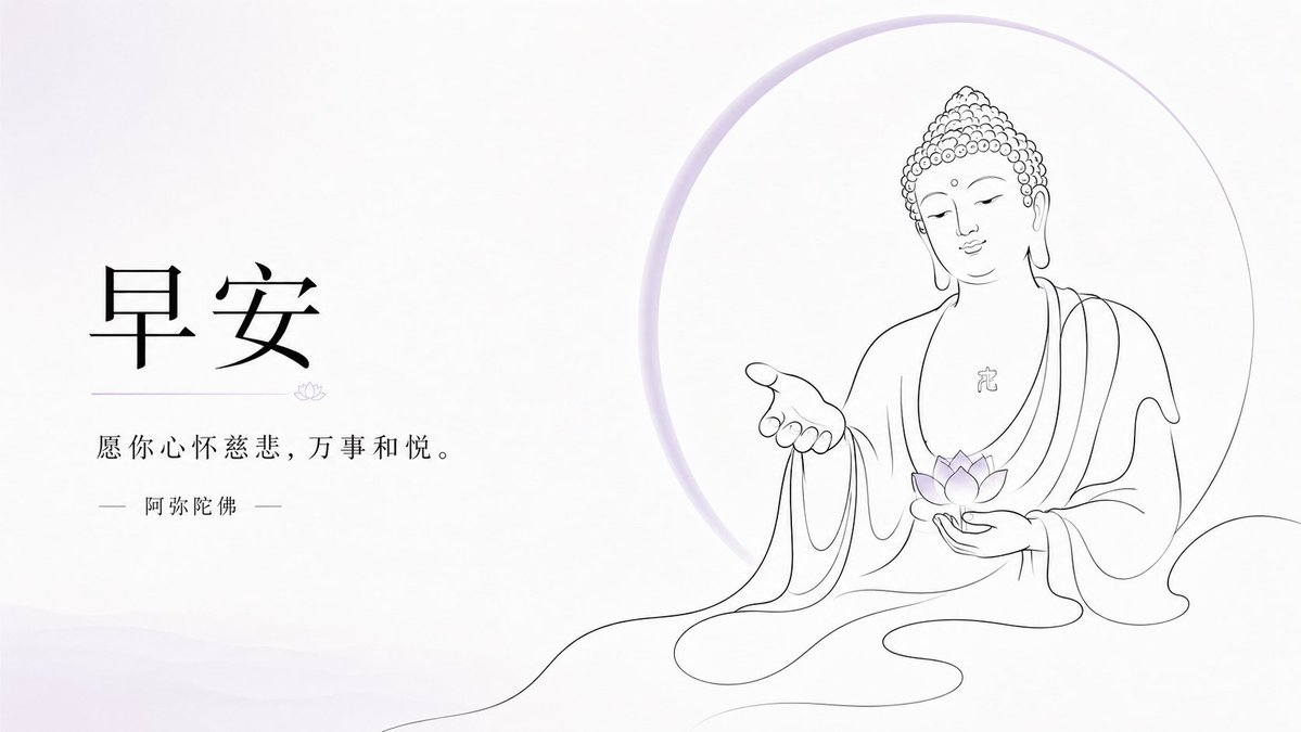 View full prompt & copyCreate a serene horizontal Chinese Buddhist good-morning greeting illustration in elegant hand-drawn line art. Use a wide 16:9 white canvas with lots of negative space and very pale green ink-wash accents. On the left third, draw exactly 1 graceful Yangliu Guanyin figure seated or floating above faint water ripples, shown in thin black flowing contour lines with soft, drifting robes and ribbons. She has closed eyes, a peaceful face, an ornate high hair bun and veil, and holds exactly 1 slender willow branch in her raised left hand and exactly 1 small pale-green vase tilted downward in her other hand, with exactly 3 visible water drops falling into the water below. Add delicate bamboo-like willow leaves sweeping in from the far left and long wave-like robe lines extending across the lower half of the image toward the right. On the right half, place exactly 3 centered text elements: a large bold brush-calligraphy headline reading 早安, a small subtitle beneath it reading 杨柳观音 with thin horizontal divider lines on both sides, and a refined smaller blessing line reading 愿 你 晨 起 欢 喜, 一 日 丰 盛。. Add a single fine decorative green line curling behind the headline and ending in a small spiral at the far right, plus a tiny simple cloud mark near the center. Overall style: minimalist Zen aesthetics, airy composition, flowing hand-drawn lines, muted ink gray and pale jade green, no borders, no watermark, no extra text.Generate image preview image 5