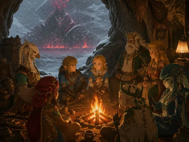 Fantasy Campfire Before a Crimson Mountain preview image 1