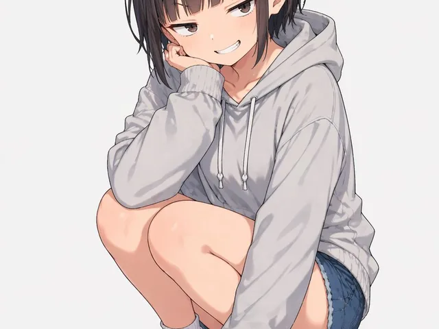 Anime Girl Squatting in Oversized Hoodie preview image 1