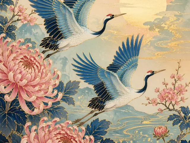 Japanese Crane and Chrysanthemum Art preview image 1