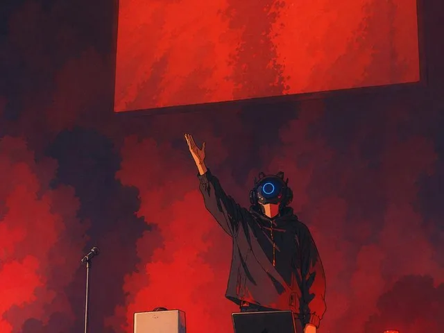 Cyber DJ Beneath a Red Monolith preview image 1