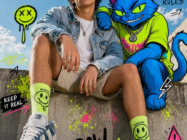 Mixed-Media Fashion Editorial with Neon Cartoon Interaction preview image 1