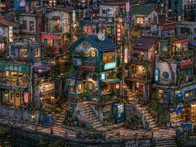 Miniature Japanese Canal Town at Dusk preview image 1