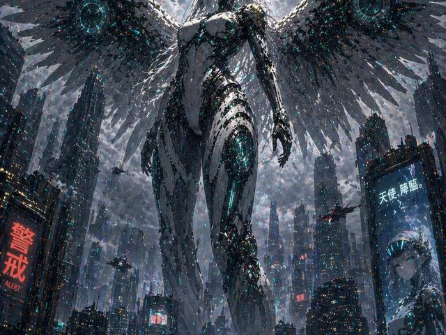 Cyberpunk Machine Angel Over Megacity preview image 1