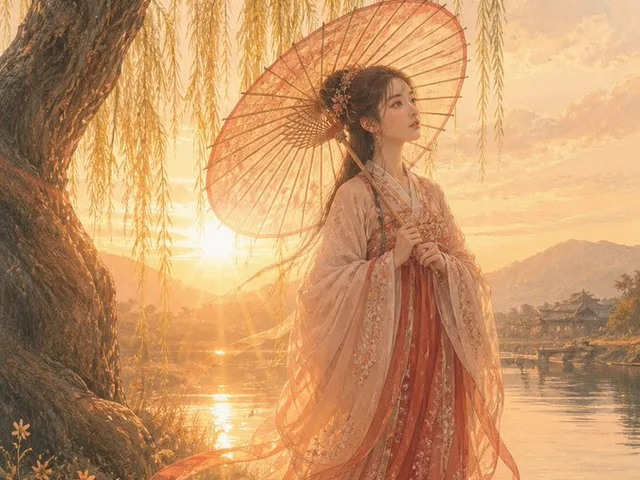 Sunset Hanfu Willow Lakeside Portrait preview image 1