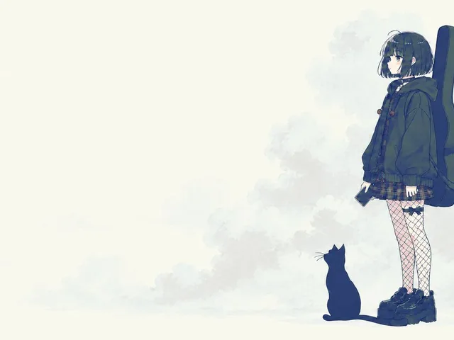 Melancholic Guitar Girl and Cat preview image 1