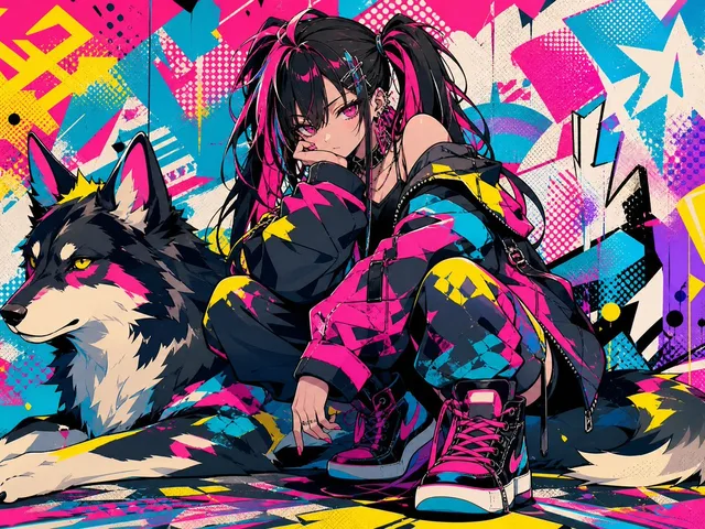 Neon Punk Girl with Husky preview image 1