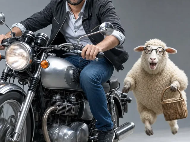 Man on Retro Motorcycle with Leaping Sheep preview image 1