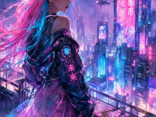 Watercolor Cyberpunk Rooftop Girl preview image 1