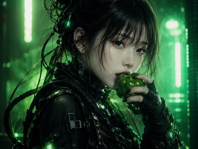 Cyberpunk Woman Eating Bell Pepper preview image 1