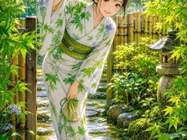 Rainy Maple Garden Kimono Scene preview image 1