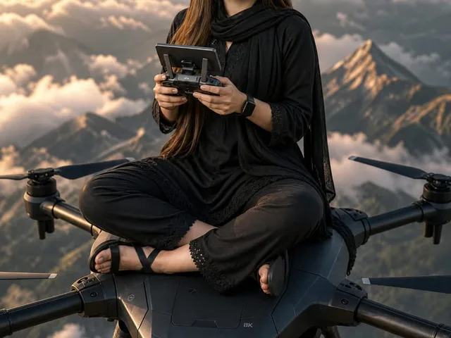 Woman Riding Giant Drone Above Mountains preview image 1