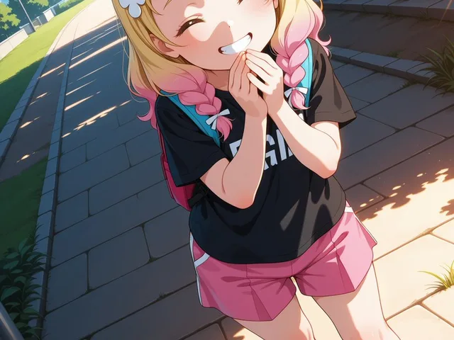 Cheerful Anime Girl on Sunny Sidewalk preview image 1