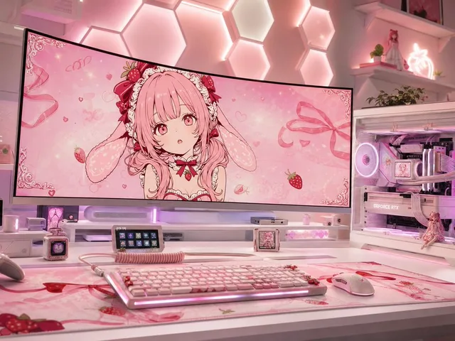 Pastel Pink Anime Gaming Desk Setup preview image 1
