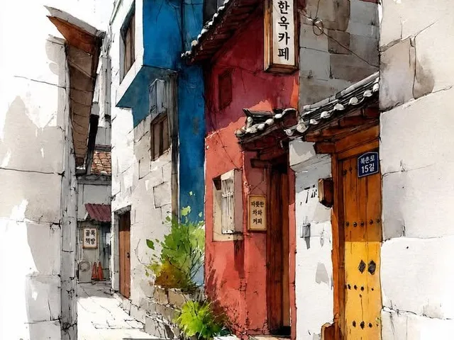 Watercolor Korean Hanok Village Sketch preview image 1