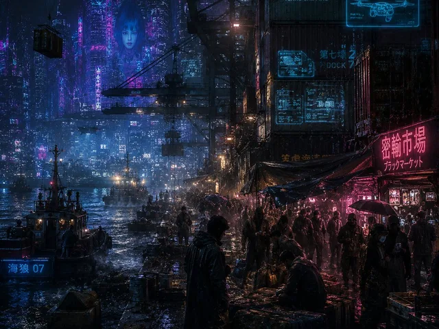 Rainy Cyberpunk Harbor Black Market preview image 1