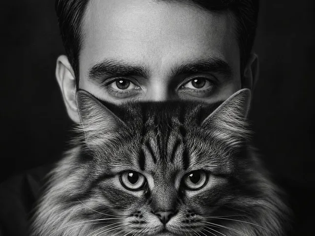 Monochrome Man Holding Cat Portrait preview image 1