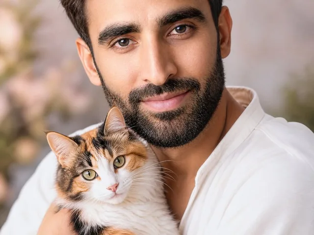 Dreamy Man Holding Calico Cat Portrait preview image 1