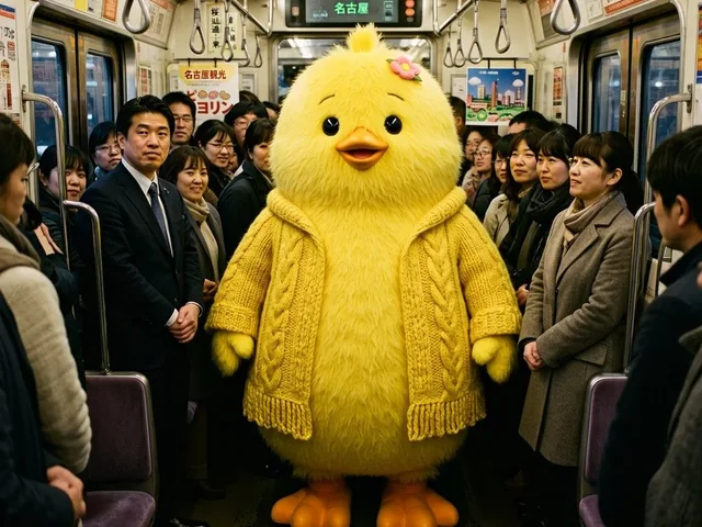 Yellow Chick Mascot on Japanese Train preview image 1