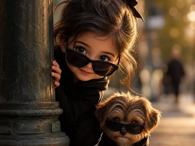 Girl and Puppy Behind Lamppost preview image 1
