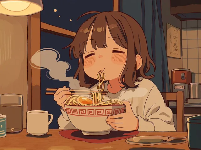Sleepy Woman Eating Ramen at Night preview image 1