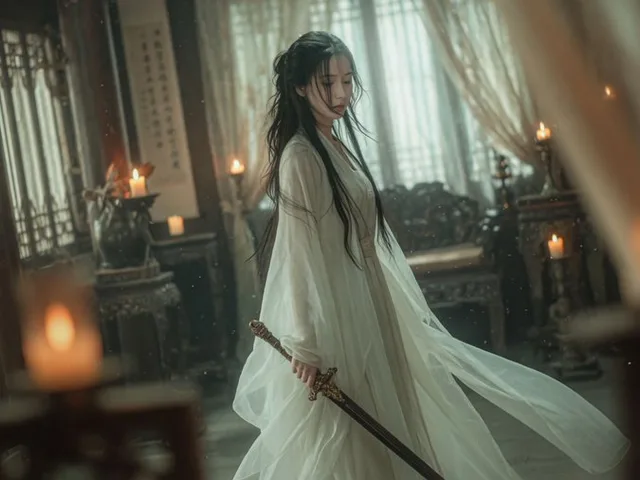 Cinematic Wuxia Swordswoman in Candlelit Chamber preview image 1