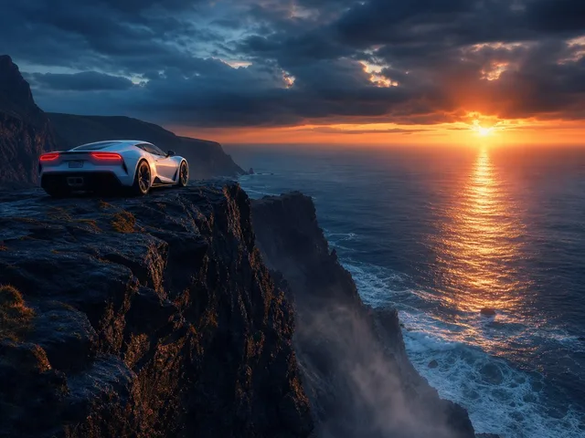 Sports Car on Ocean Cliff at Sunset preview image 1