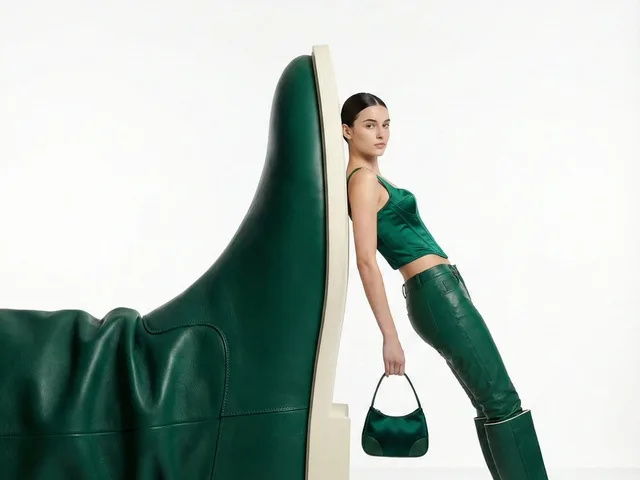 View full prompt & copy{ "style": "high-fashion editorial photography with a minimalist surrealist concept", "subject": "a self-assured woman casually leaning beside an enormous green leather boot installation", "pose": "relaxed but commanding full-body stance, torso slightly angled, one hand carrying a compact handbag", "outfit": { "top": "sleek emerald green sleeveless fitted top", "bottom": "coordinated green leather trousers", "footwear": "knee-high green leather boots", "accessories": "small structured handbag in matching green leather" }, "composition": { "scale": "surreal oversized footwear sculpture contrasted against the human model", "framing": "centered full-body fashion campaign frame with clean negative space", "background": "seamless pure white studio backdrop", "floor": "glossy white floor with soft reflections" }, "lighting": { "type": "soft controlled studio illumination", "mood": "clean, luxurious, premium editorial atmosphere", "shadows": "subtle natural shadows with polished control" }, "color_palette": "monochrome emerald and leather green tones set against neutral white", "camera": { "angle": "eye-level perspective", "lens": "85mm fashion portrait lens", "depth_of_field": "crisp subject detail with a smooth, distraction-free studio background" }, "vibe": "modern luxury fashion campaign, confident styling, surreal elegance, magazine-ready presentation", "quality": "ultra-high resolution, sharp details, polished commercial editorial finish" }Generate image preview image 1