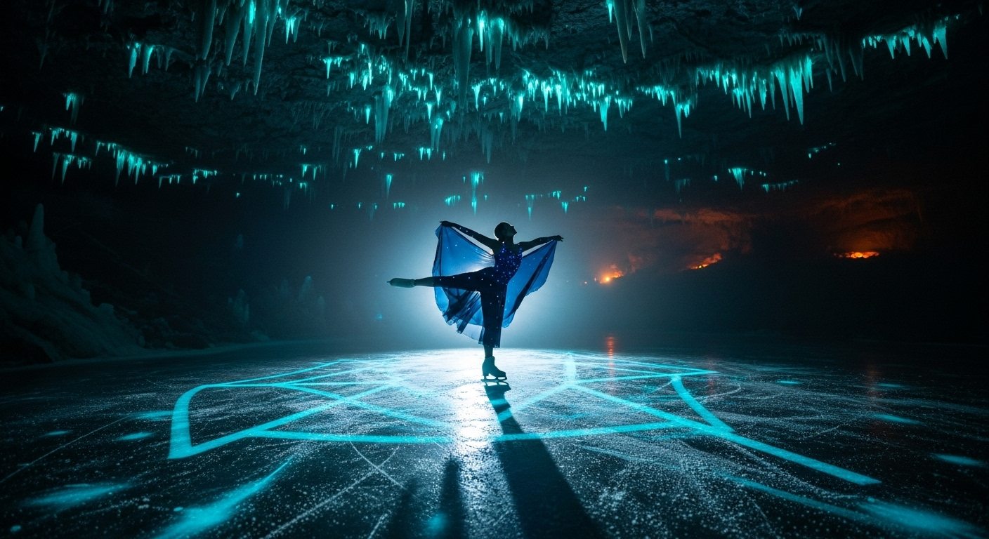 A figure skater performing in a surreal underground cavern with bioluminescent water